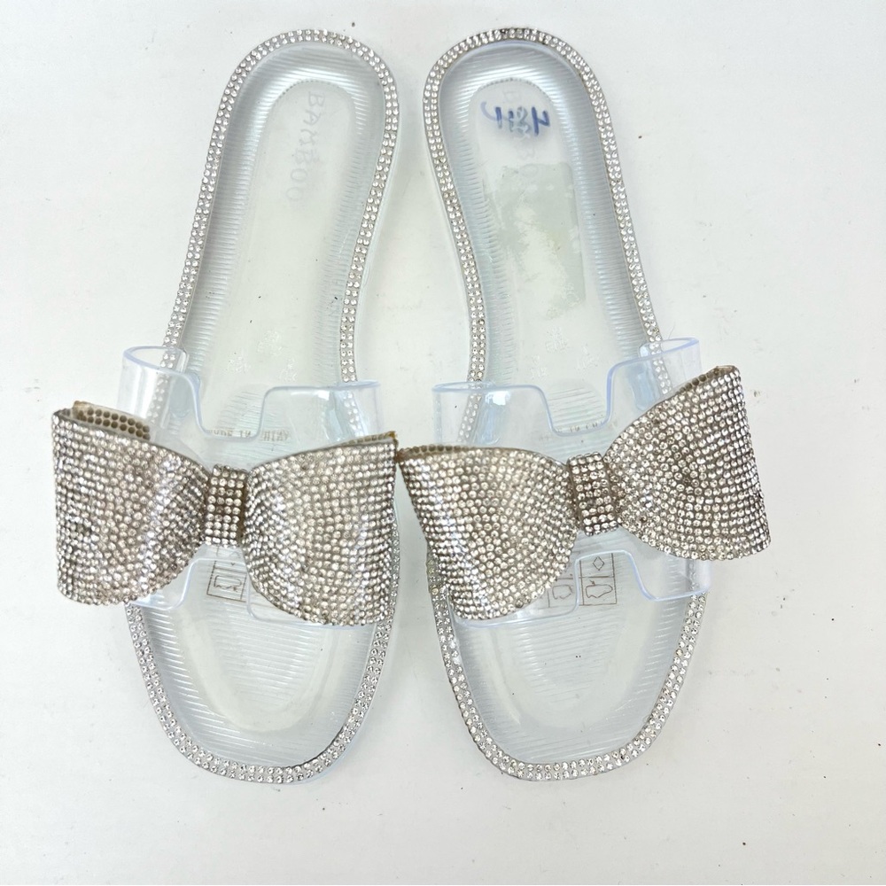 BAMBOO Clear Rubber Jelly Crystal Embellished Large Bow Slides Flat Sandals Sz 7